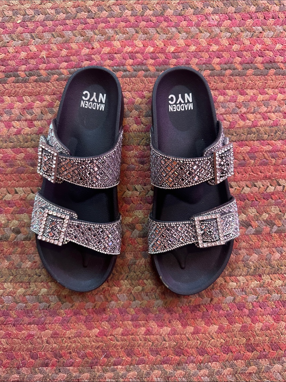 Madden NYC Jeweled Buckle Slide Sandals - Black with Silver Rhinestones